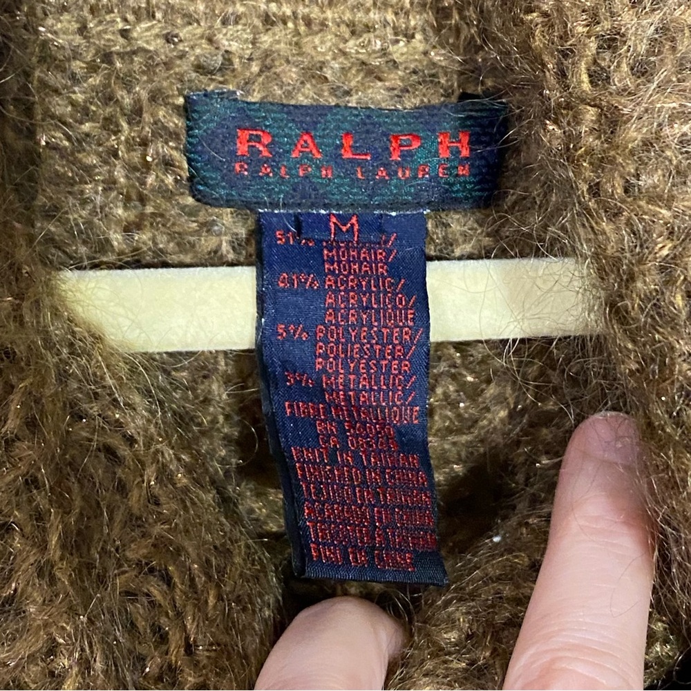 90s Ralph Lauren Fuzzy Mohair Metallic Cowl Neck Sweater Vintage Brown Medium - Picture 3 of 3
